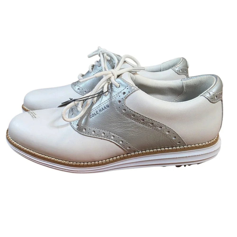 NEW Cole Haan Womens 7.5 Golf Shoes White Silver ØriginalGrand Waterproof Saddle